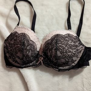 Victoria's Secret Black Lace with Pink Decorative Trim Demi 34D Bra